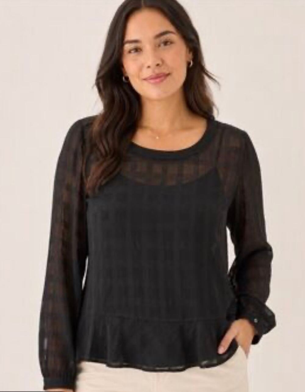 LOFT Black Sheer Plaid Long Sleeve Blouse Women's Medium Check Pattern